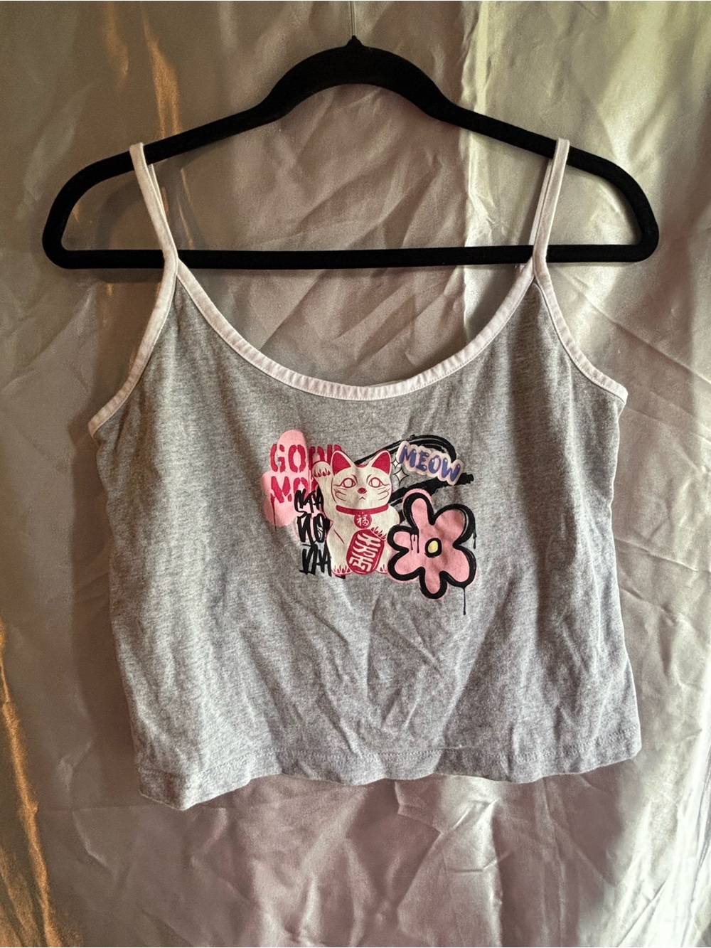 Y2K Skinny Dip London Gray Camisole Tank with Pink Cat Graphic Size Medium